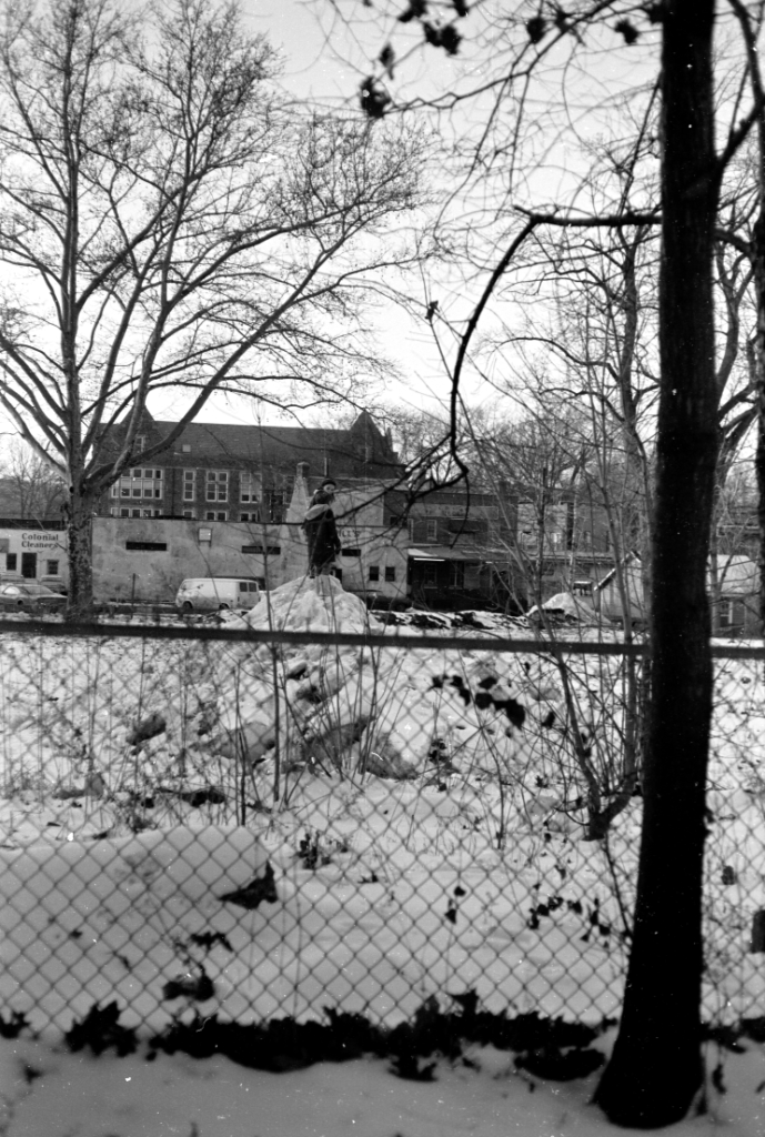 Rear of Grove Street Shops with Grove Street School in background.